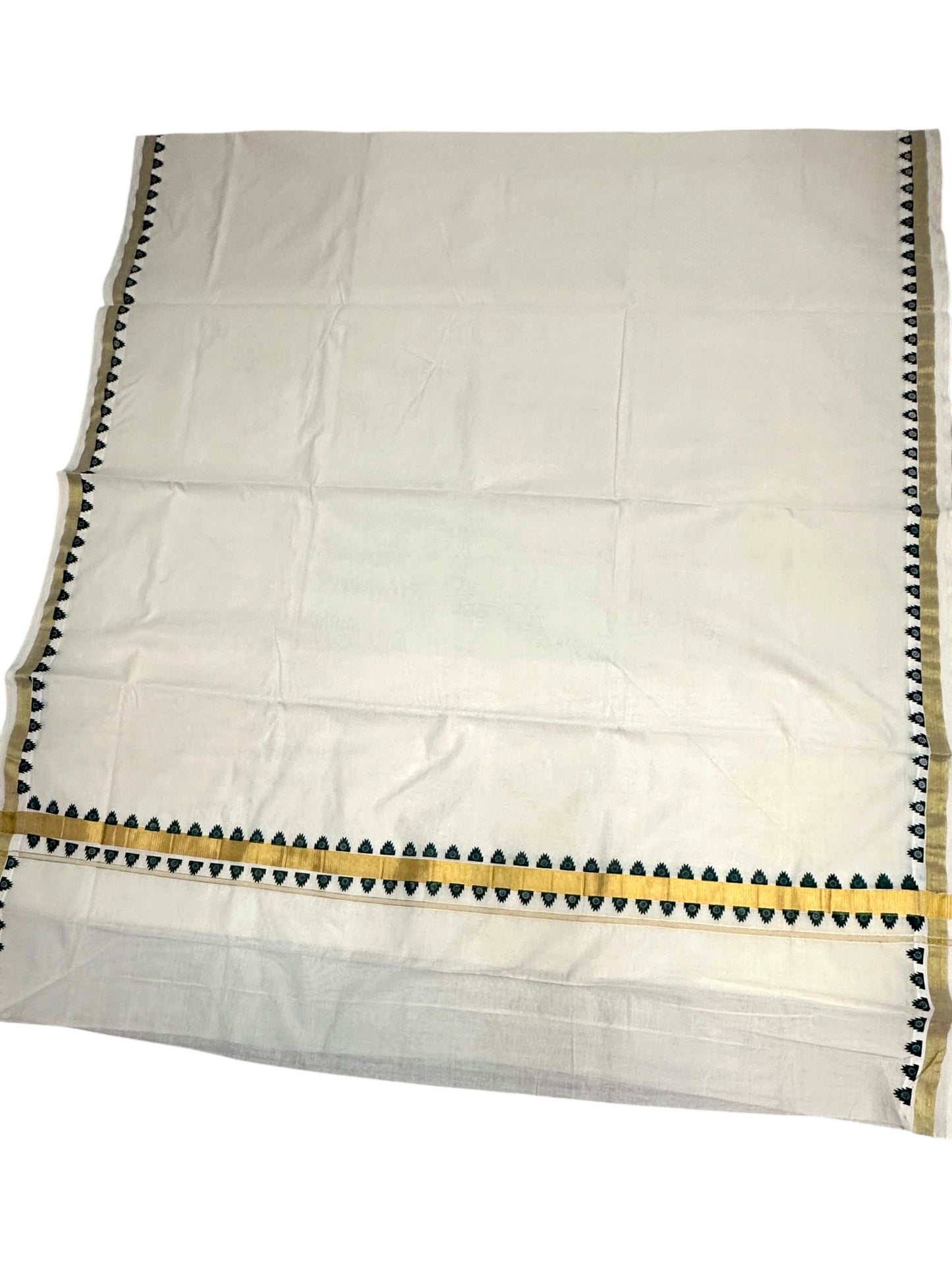 Southloom Kerala Cotton Kasavu Saree With Green Printed Design On Borders