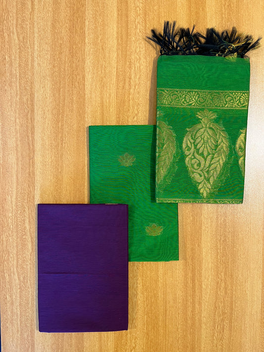 Southloom™ Cotton Semi Silk 3 Piece Green and Violet Salwar Material with Woven Zari Butta Work