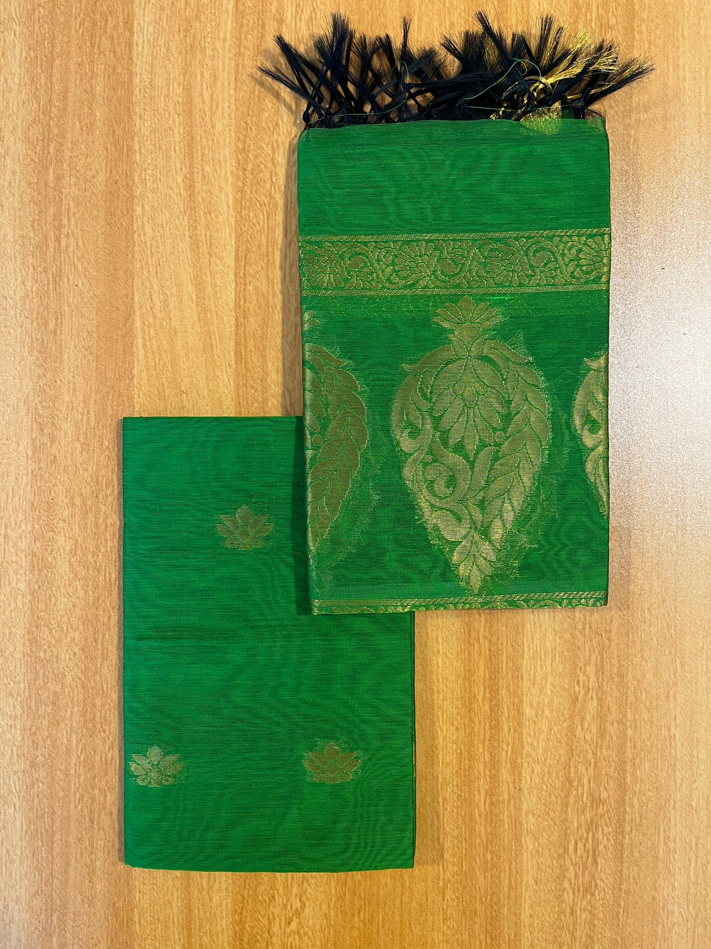 Southloom™ Cotton Semi Silk 3 Piece Green and Violet Salwar Material with Woven Zari Butta Work