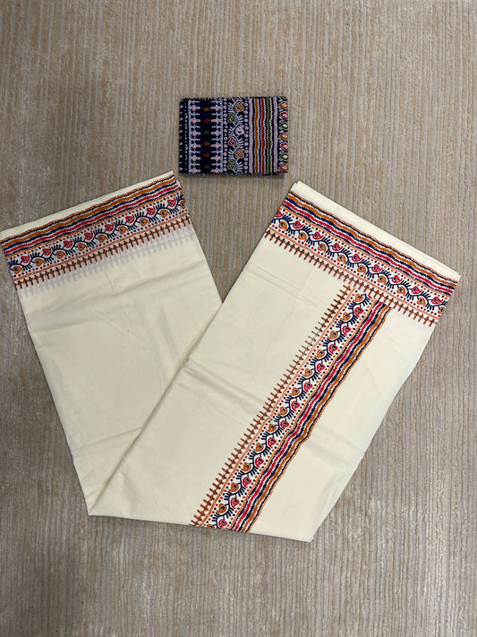 Southloom Pure Cotton Mulloth Saree with Warly Print (Blue Printed Blouse Piece)