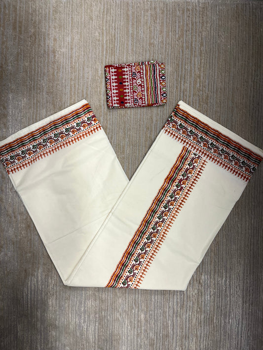 Southloom Pure Cotton Mulloth Saree with Warly Print (Maroon Printed Blouse Piece)