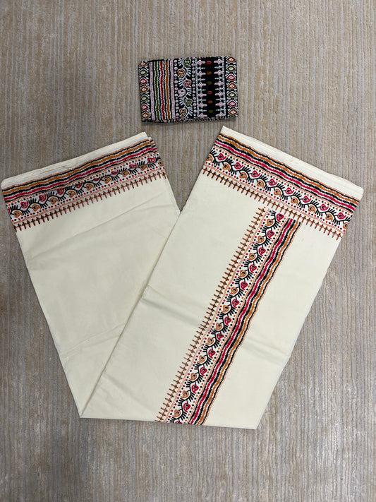 Southloom Pure Cotton Mulloth Saree with Warly Print (Black Printed Blouse Piece)
