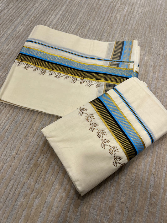 Kerala Cotton Kasavu Set Mundu (Mundum Neriyathum) with Black and Blue Border and Sequins works