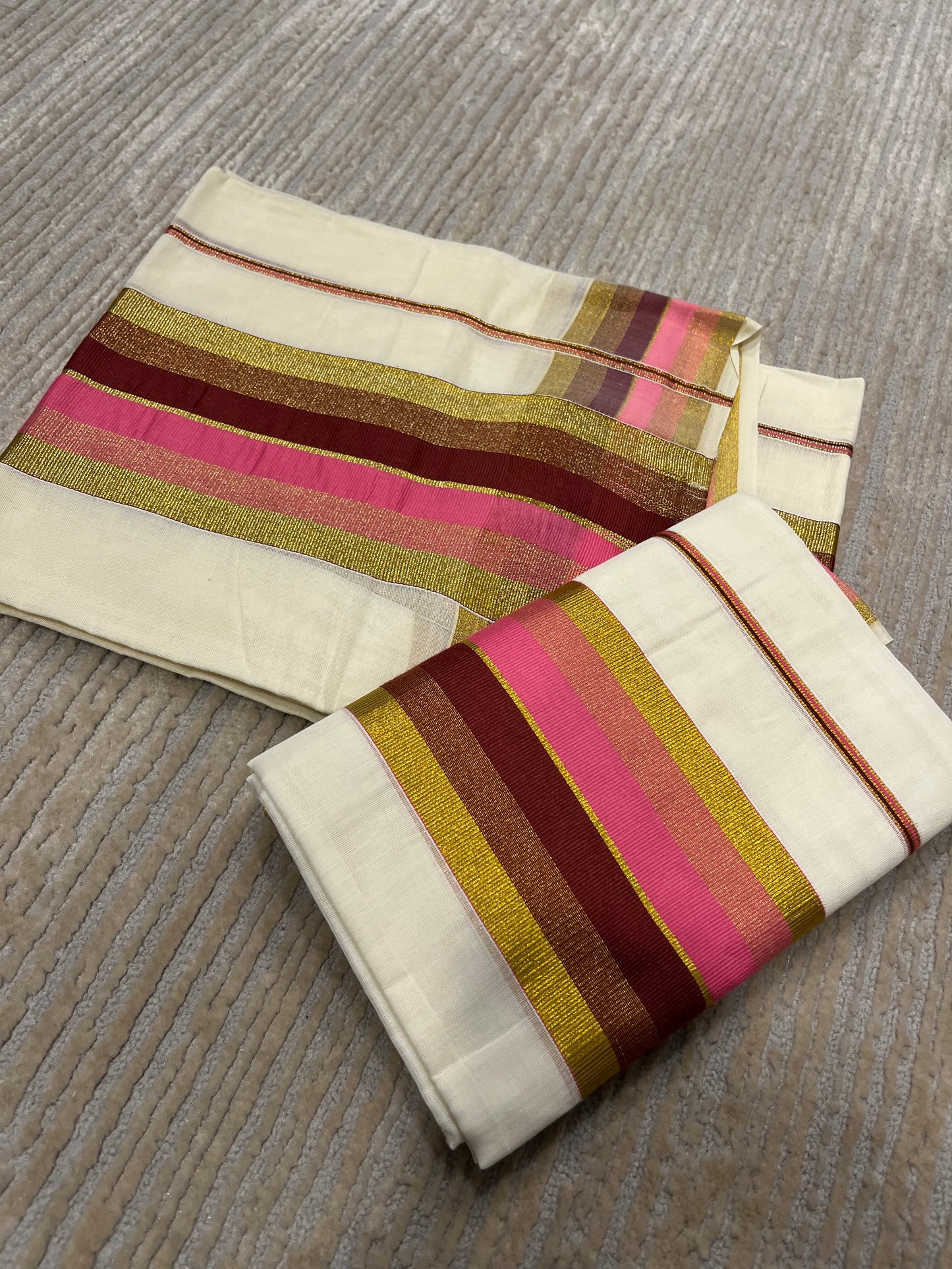 Kerala Cotton Kasavu Set Mundu (Mundum Neriyathum) with Pink and Maroon Border