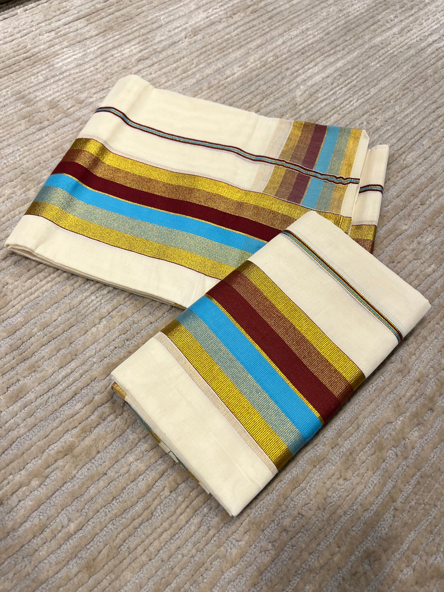Kerala Cotton Kasavu Set Mundu (Mundum Neriyathum) with Blue and Maroon Border