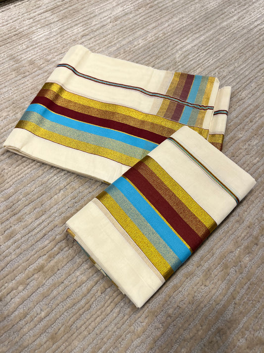 Kerala Cotton Kasavu Set Mundu (Mundum Neriyathum) with Blue and Maroon Border