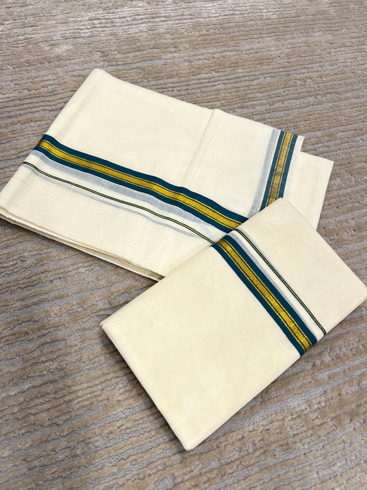Kerala Cotton Kasavu Set Mundu (Mundum Neriyathum) with Gold and Green Border