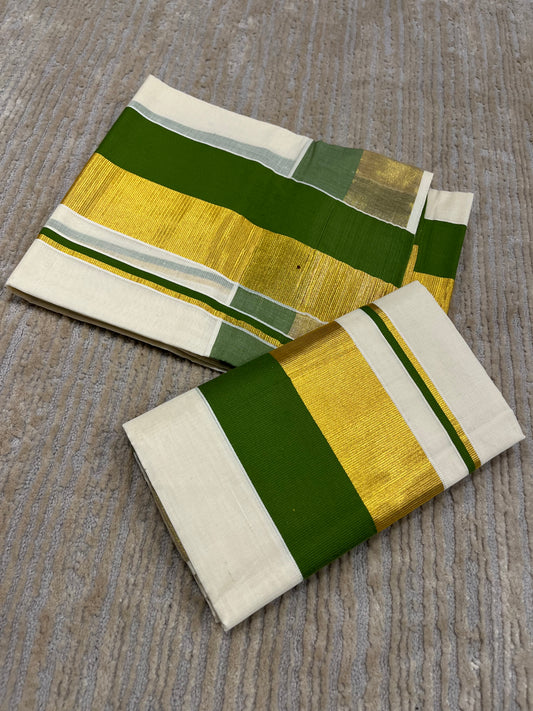 Kerala Cotton Set Mundu (Mundum Neriyathum) with Olive Green and Kasavu Border 2.80 Mtrs