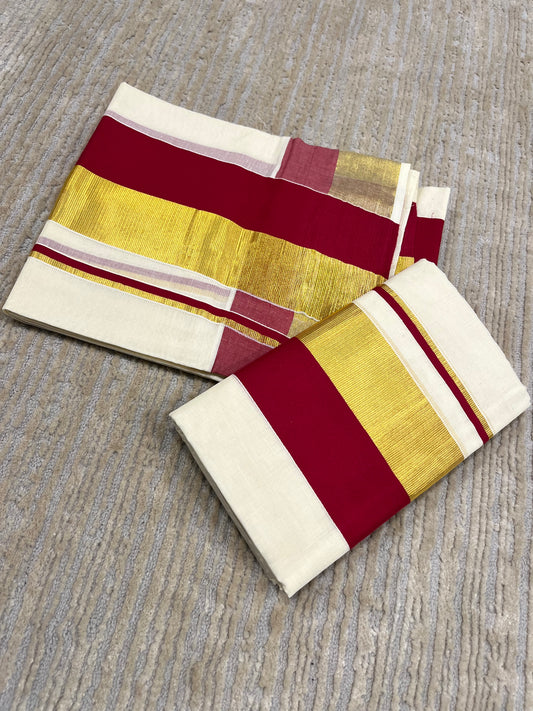 Kerala Cotton Set Mundu (Mundum Neriyathum) with Maroon and Kasavu Border 2.80 Mtrs