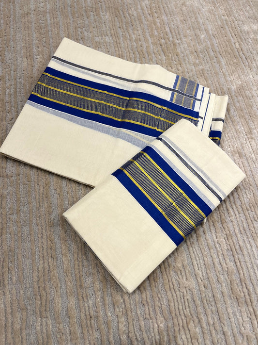 Kerala Cotton Set Mundu (Mundum Neriyathum) with Blue and Kasavu Border 2.80 Mtrs
