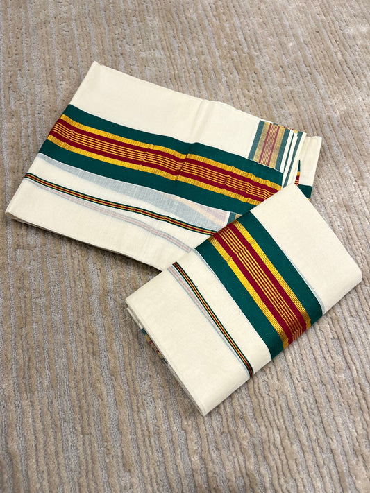 Kerala Cotton Set Mundu (Mundum Neriyathum) with Maroon and Green Border 2.80 Mtrs