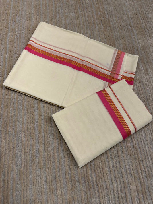 Kerala Cotton Set Mundu (Mundum Neriyathum) with Pink and Kasavu Border 2.80 Mtrs