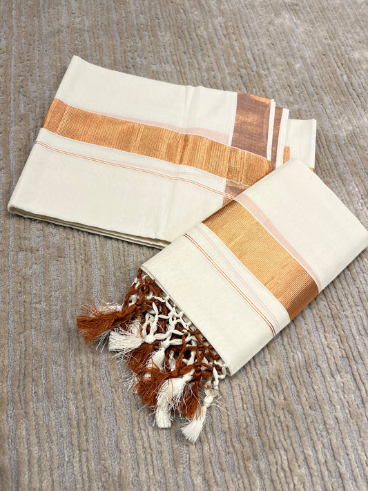 Kerala Cotton Plain Single Set Mundu (Mundum Neriyathum) with Half Fine Dark Kasavu 2 inch Border