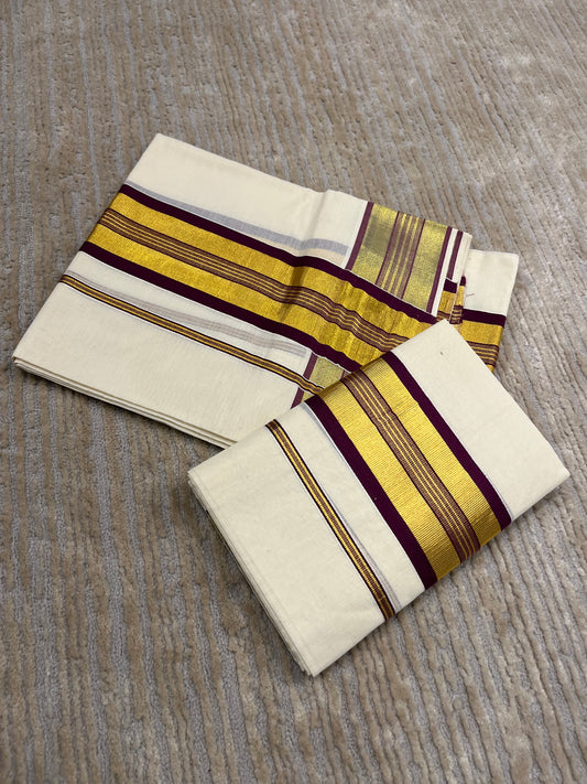 Kerala Cotton Set Mundu (Mundum Neriyathum) with Brown and Kasavu Border