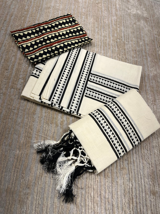 Kerala Cotton Set Mundu (Mundum Neriyathum) with Black Block Prints on Body