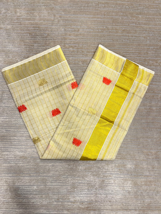 Southloom Kerala Tissue Kasavu Check Saree with Red Lotus Embroidery Works