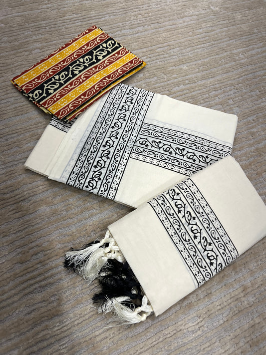 Kerala Cotton Set Mundu (Mundum Neriyathum) with Black Block Prints on Body