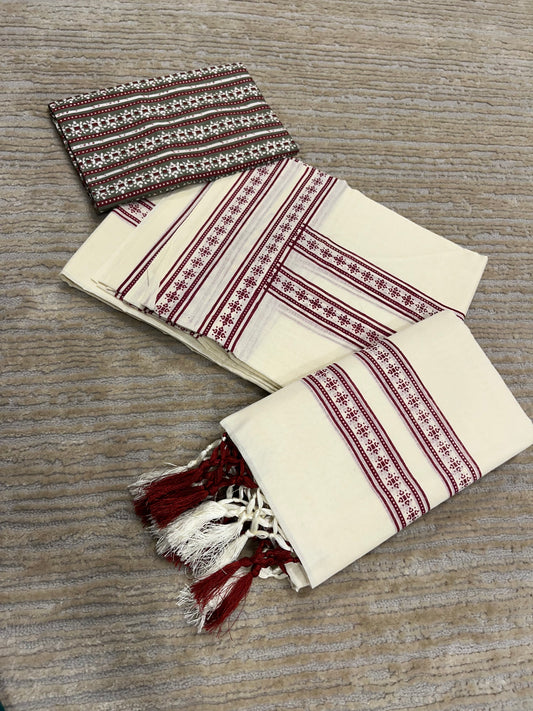 Kerala Cotton Set Mundu (Mundum Neriyathum) with Maroon Block Prints on Body
