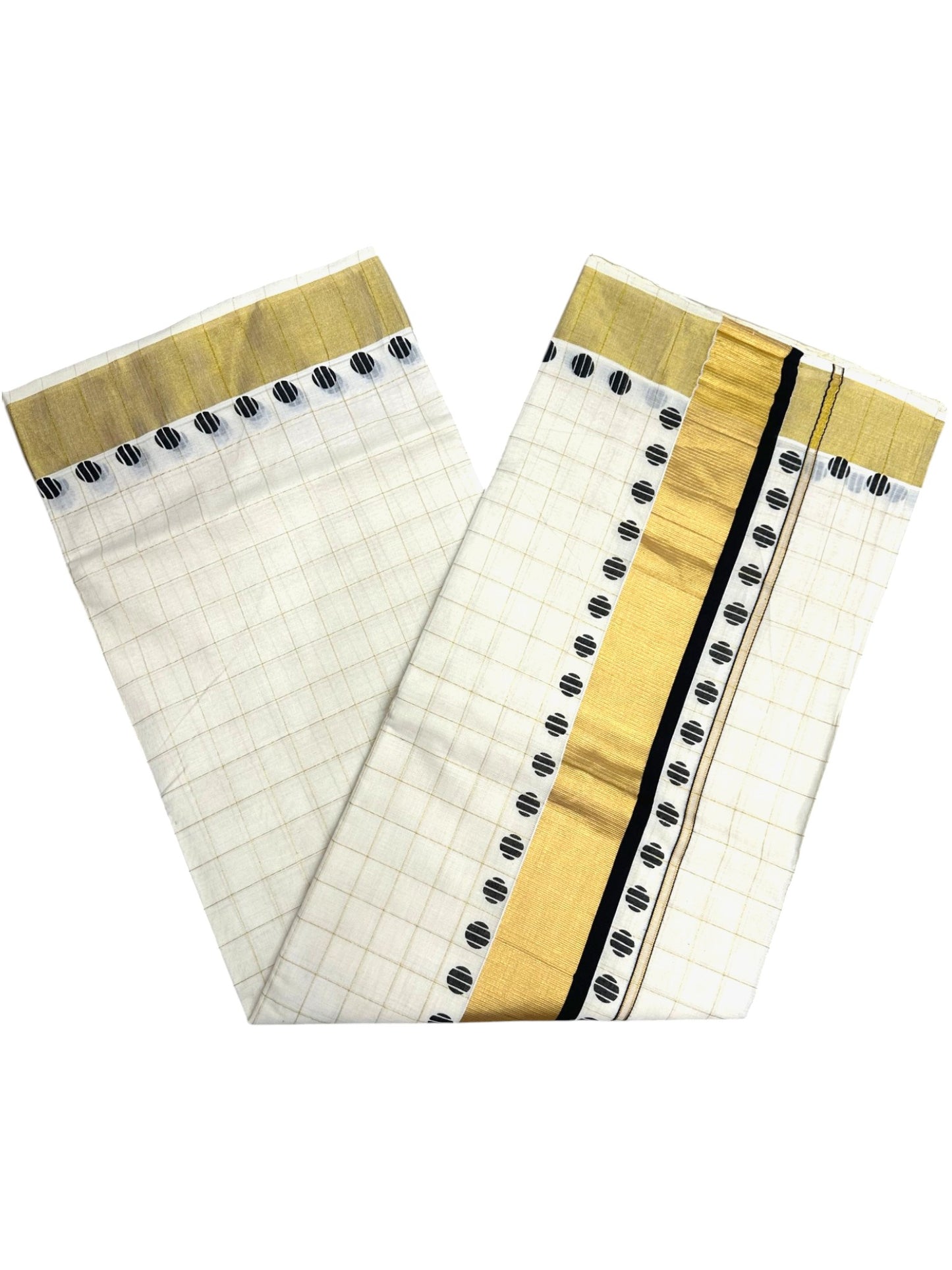 Southloom Kerala Cotton Kasavu Saree With Check Design On Body And  Black Polka Dot Design On Borders
