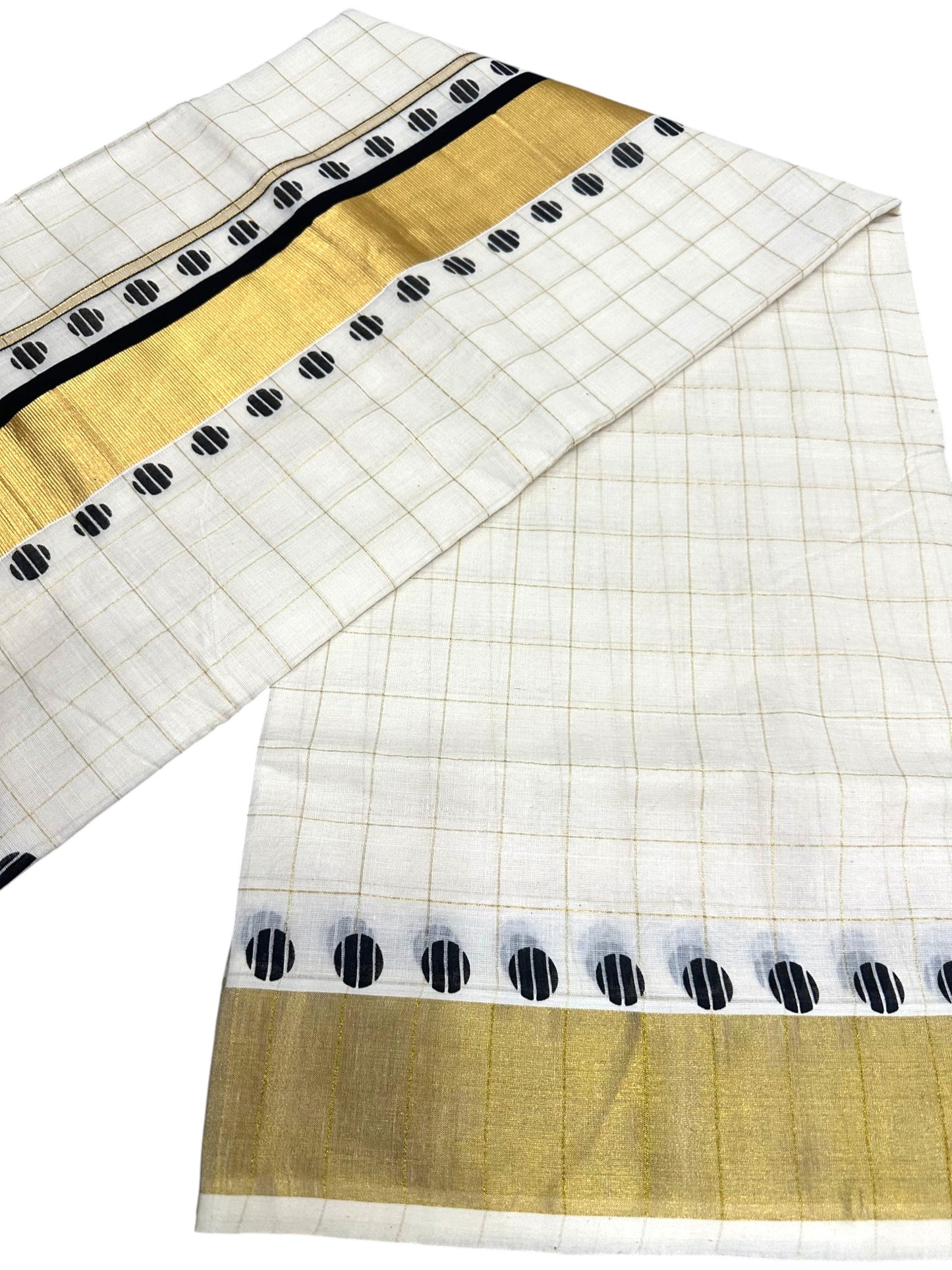 Southloom Kerala Cotton Kasavu Saree With Check Design On Body And  Black Polka Dot Design On Borders