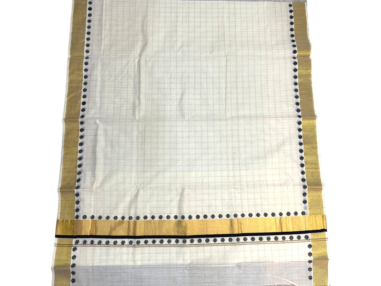 Southloom Kerala Cotton Kasavu Saree With Check Design On Body And  Black Polka Dot Design On Borders
