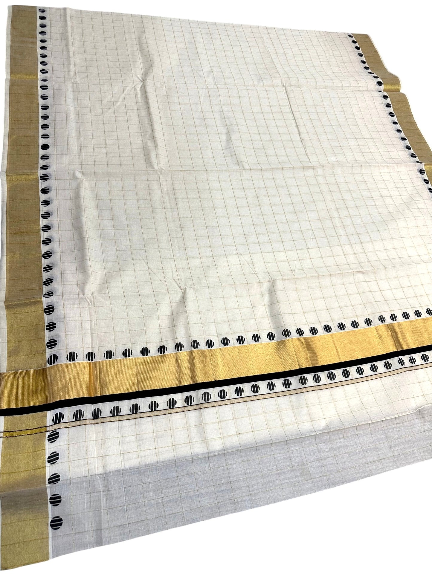 Southloom Kerala Cotton Kasavu Saree With Check Design On Body And  Black Polka Dot Design On Borders