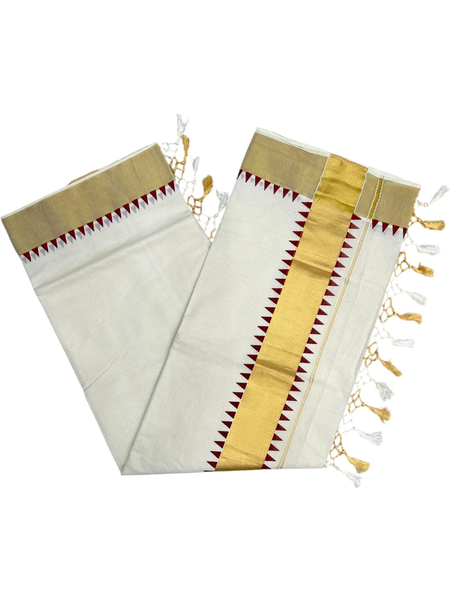 Southloom Kerala Cotton Kasavu Saree With Maroon Temple Border And Tassels