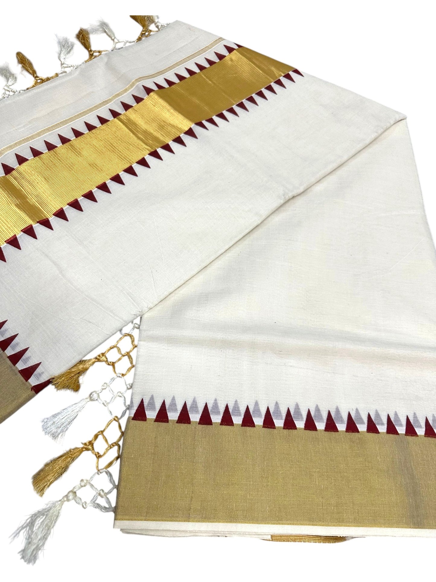 Southloom Kerala Cotton Kasavu Saree With Maroon Temple Border And Tassels