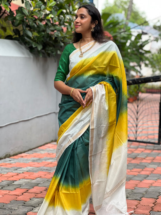 Southloom Semi Tussar Kerala Saree with Yellow and Green Dyed Pattern