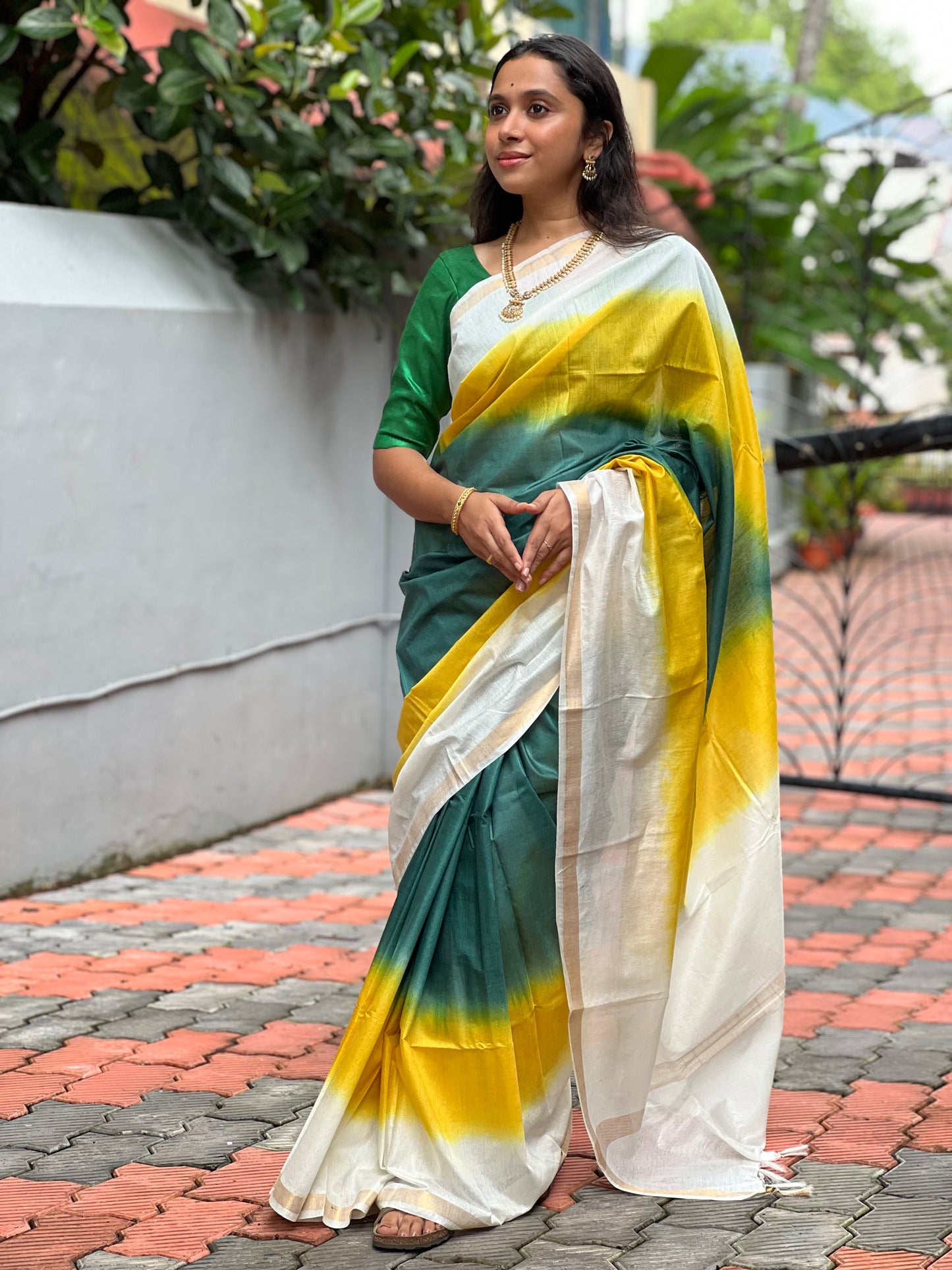 Southloom Semi Tussar Kerala Saree with Yellow and Green Dyed Pattern