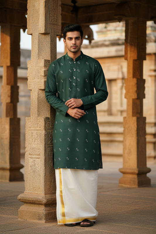 Southloom Semi Silk Short Kurta for Men in Green Colour