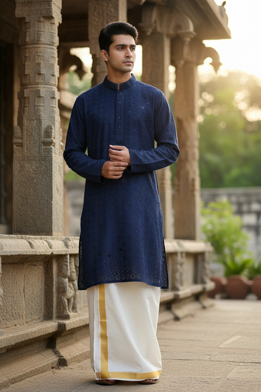 Southloom Chikankari Short Kurta for Men in Blue Colour