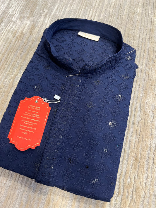 Southloom Chikankari Short Kurta for Men in Blue Colour