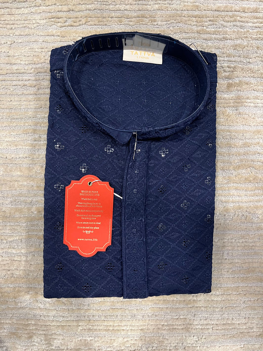 Southloom Chikankari Short Kurta for Men in Navy Blue Colour