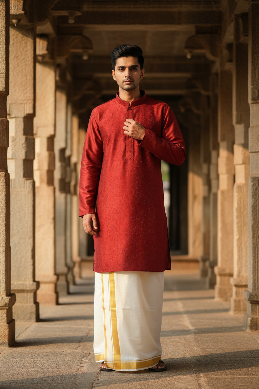 Southloom Semi Silk Short Kurta for Men in Reddish Maroon Colour