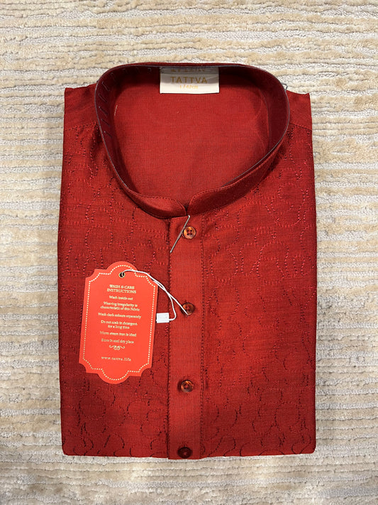 Southloom Semi Silk Short Kurta for Men in Reddish Maroon Colour