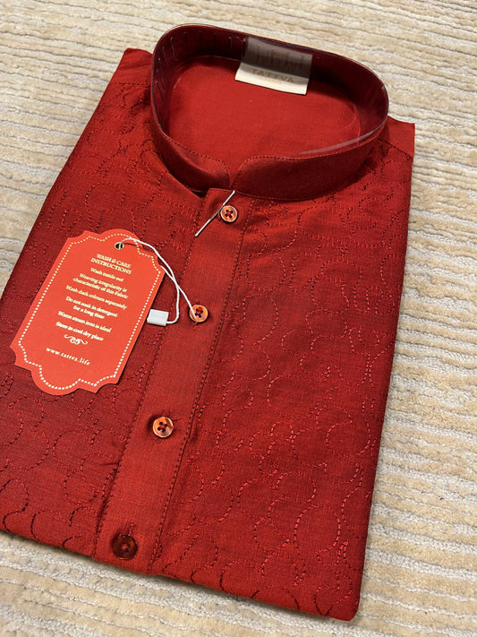 Southloom Semi Silk Short Kurta for Men in Reddish Maroon Colour