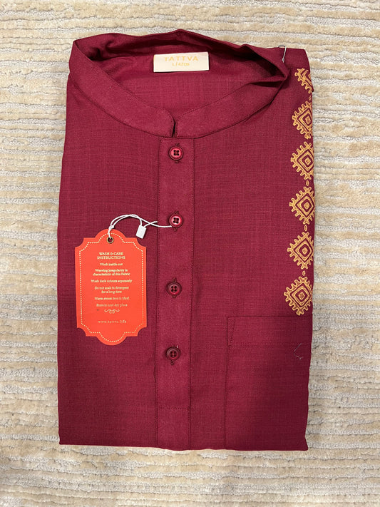 Southloom Semi Silk Short Kurta for Men in Maroon Colour