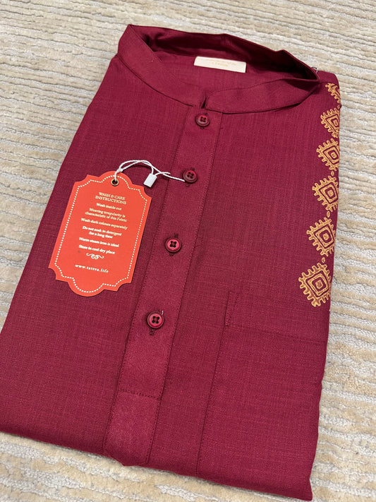 Southloom Semi Silk Short Kurta for Men in Maroon Colour