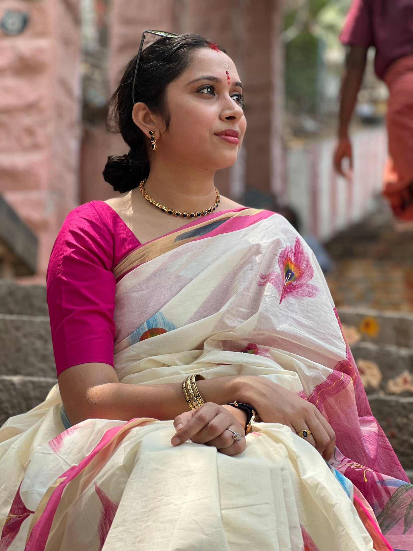 Southloom Pink Hand Painted Kerala Kasavu Saree