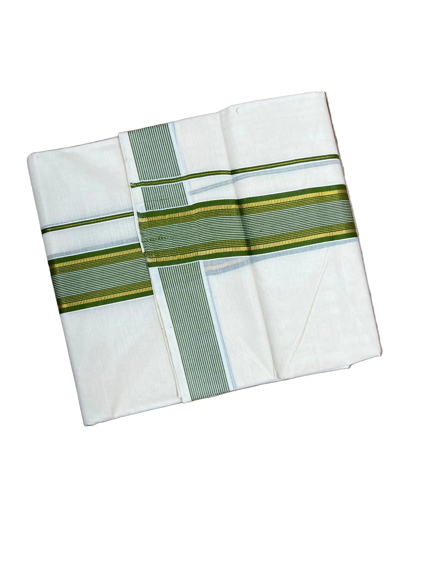 Southloom Pure Cotton Mundu with Gold Lines &Green Border (South Indian Kerala Dhoti)