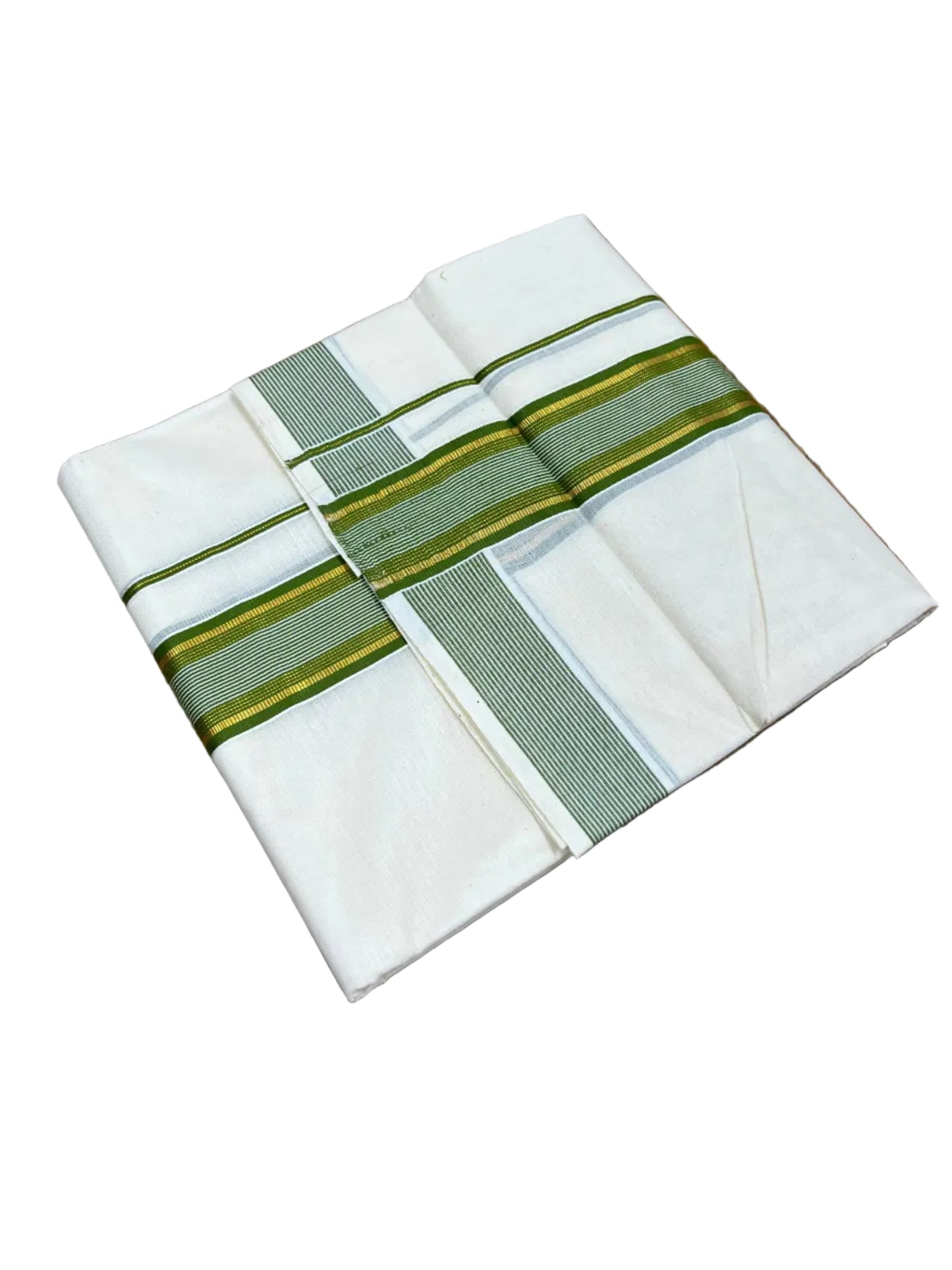 Southloom Pure Cotton Mundu with Gold Lines &Green Border (South Indian Kerala Dhoti)
