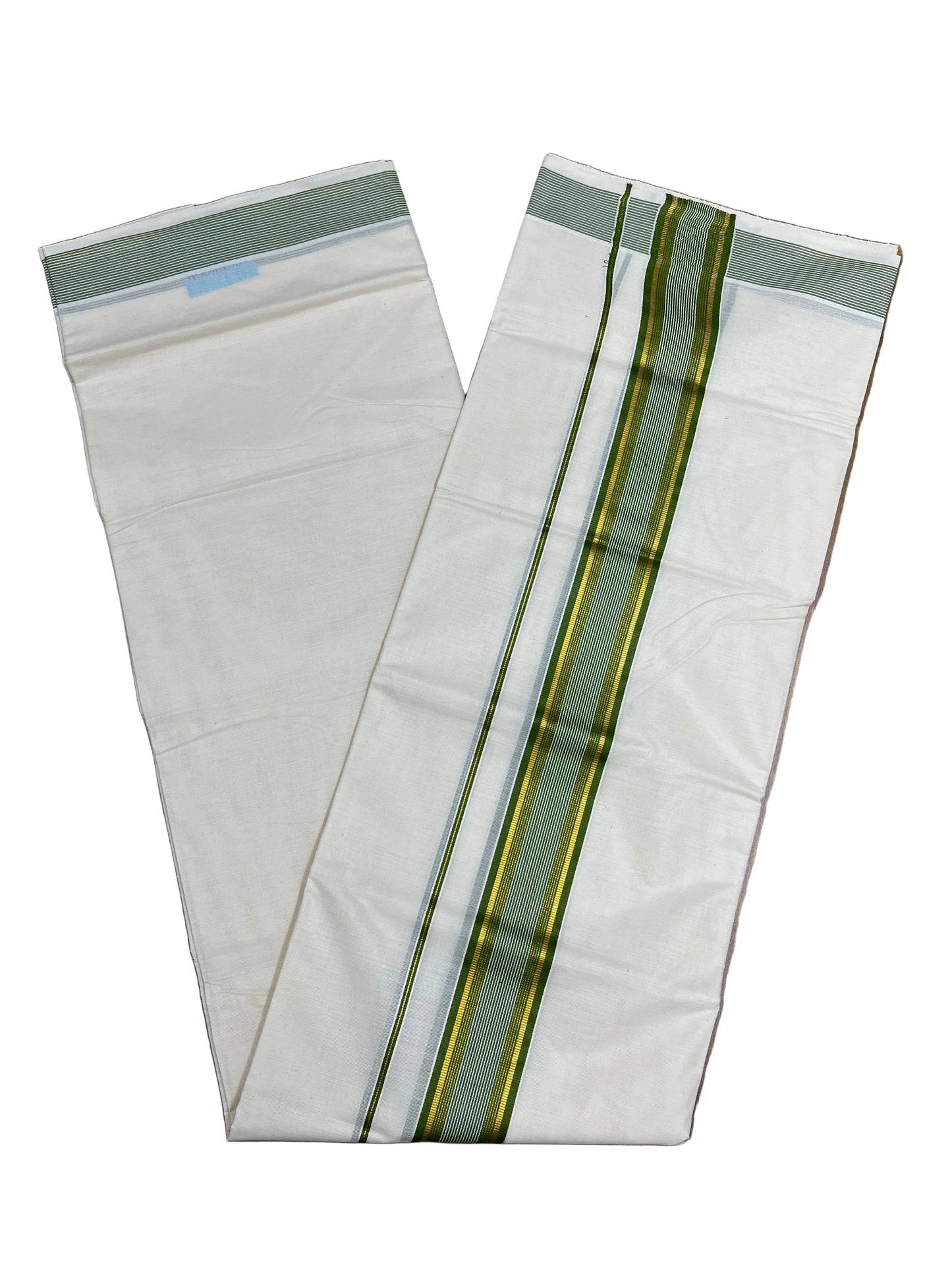 Southloom Pure Cotton Mundu with Gold Lines &Green Border (South Indian Kerala Dhoti)