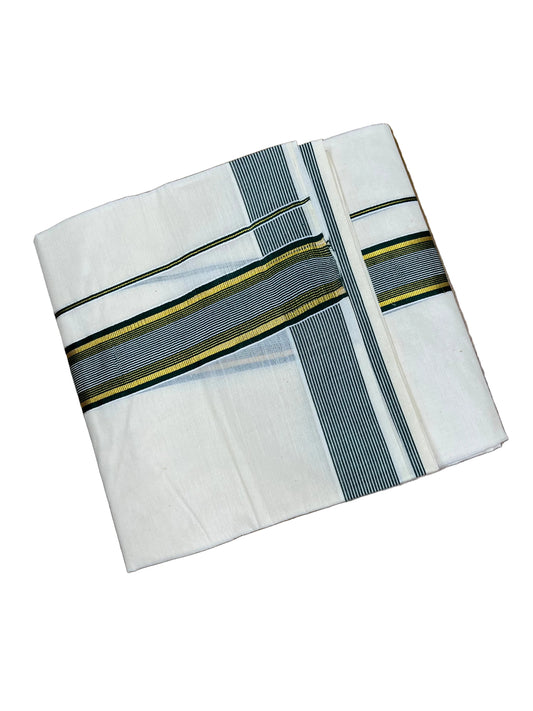 Southloom Pure Cotton Mundu with Gold lines& Green Border (South Indian Kerala Dhoti)