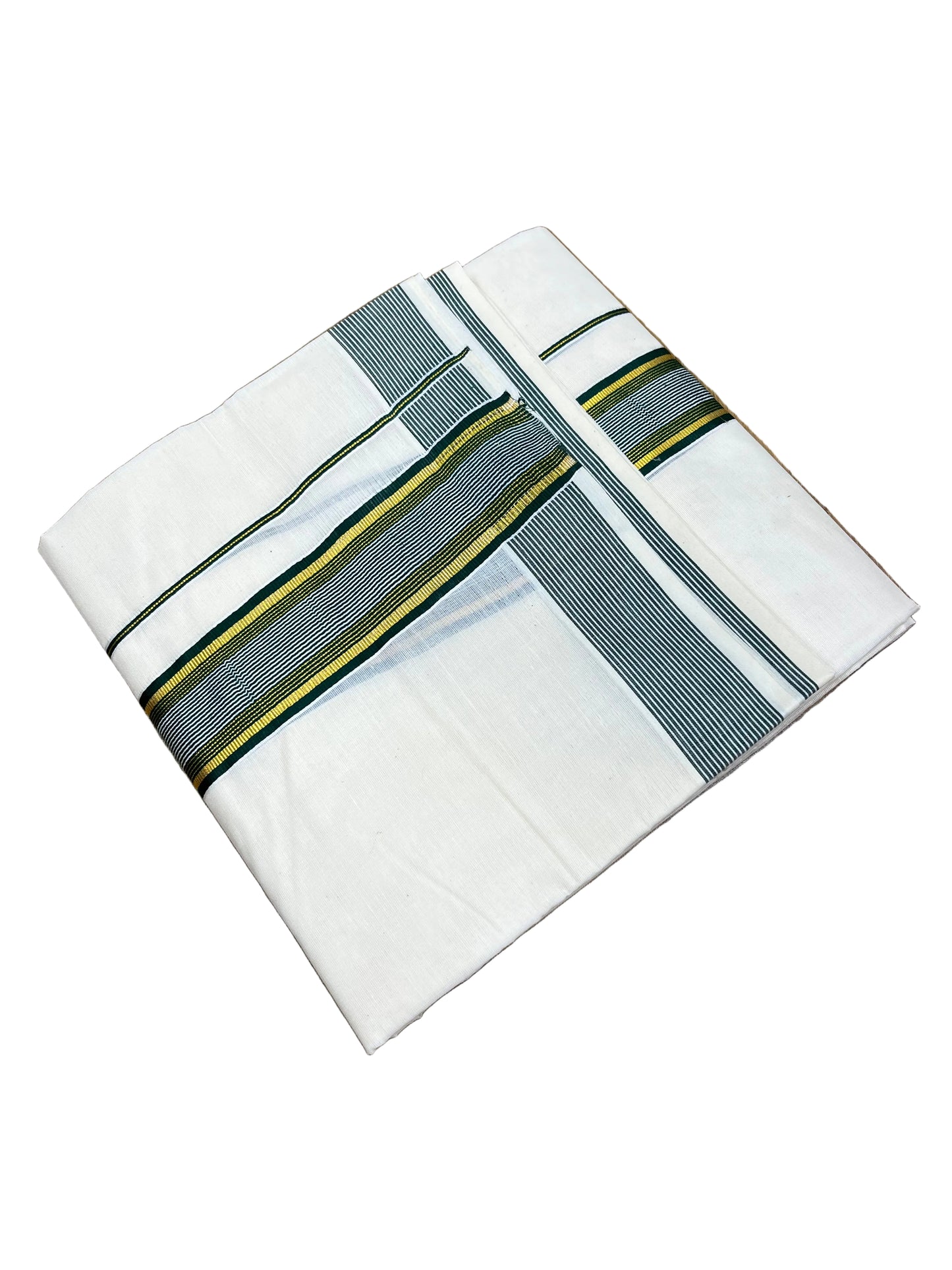 Southloom Pure Cotton Mundu with Gold lines& Green Border (South Indian Kerala Dhoti)