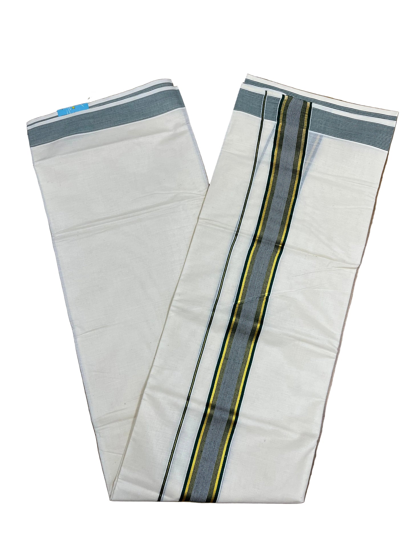 Southloom Pure Cotton Mundu with Gold lines& Green Border (South Indian Kerala Dhoti)