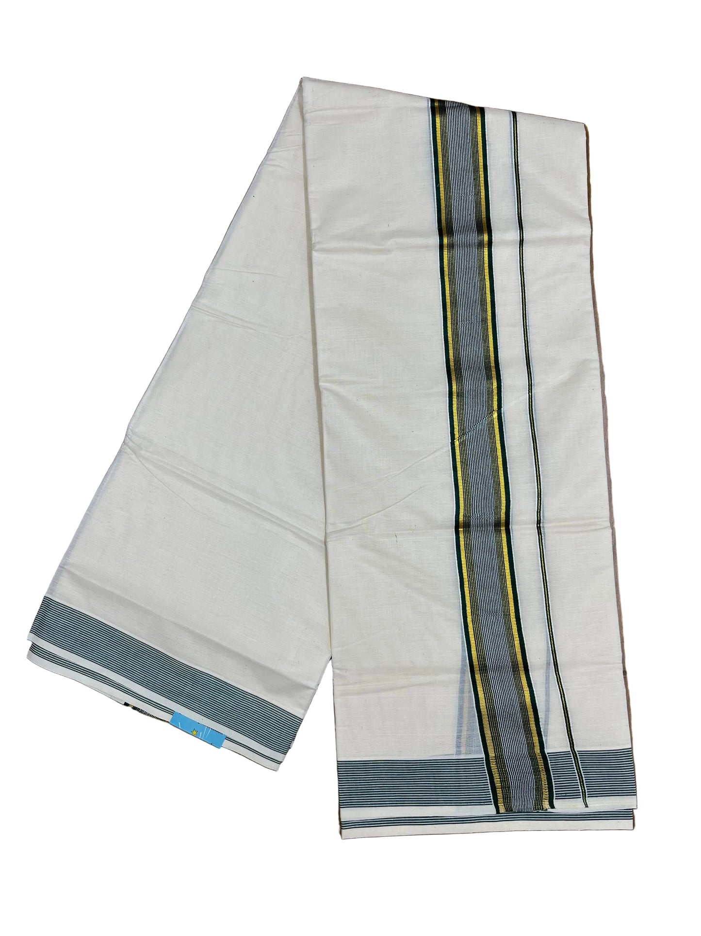 Southloom Pure Cotton Mundu with Gold lines& Green Border (South Indian Kerala Dhoti)