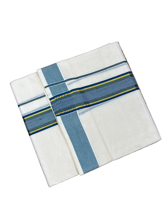 Southloom Pure Cotton Mundu with Gold lines& Blue Border (South Indian Kerala Dhoti)