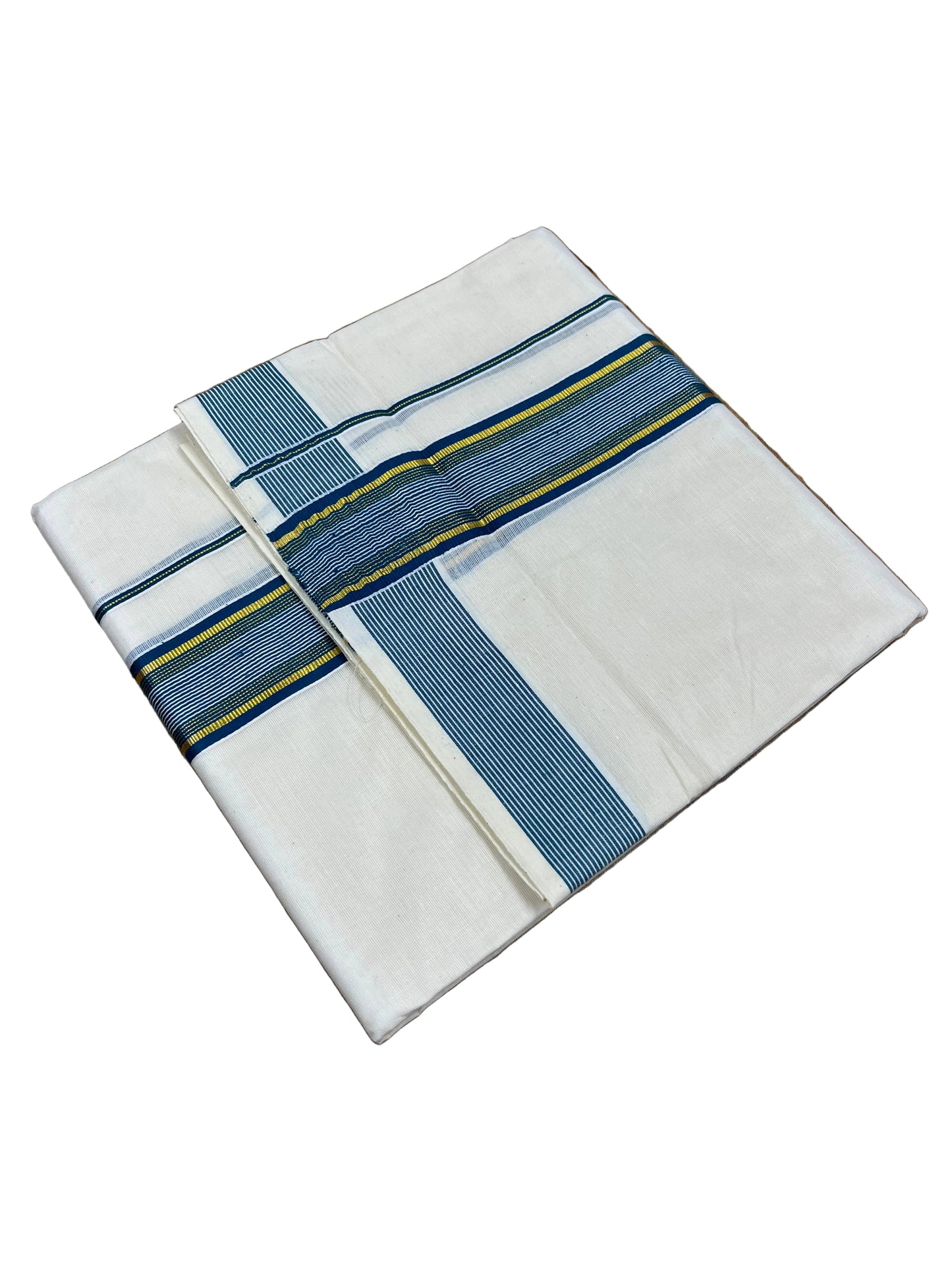 Southloom Pure Cotton Mundu with Gold lines& Blue Border (South Indian Kerala Dhoti)