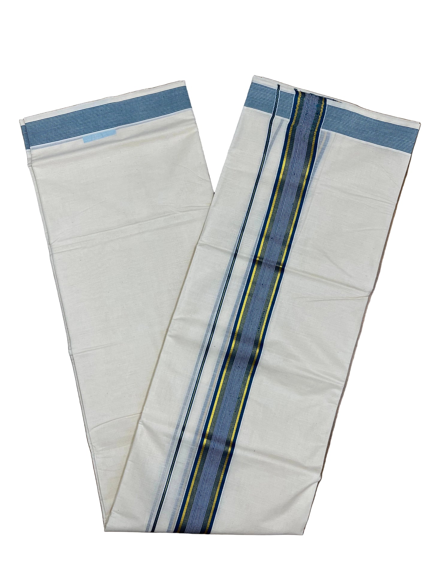 Southloom Pure Cotton Mundu with Gold lines& Blue Border (South Indian Kerala Dhoti)